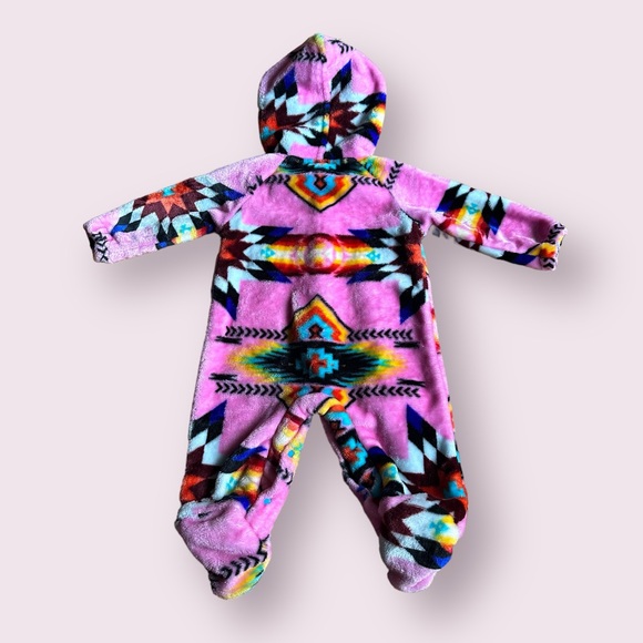 Baby Pink And Bright Colors Fleece Aztec Print Hoodie One Piece Footies - Picture 2 of 9